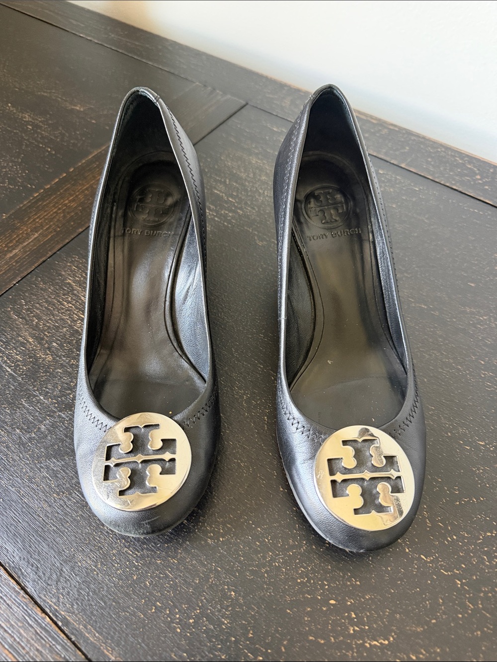 Tory Burch Black Leather Logo Round-Toe Heels with Gold Emblem